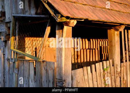 Impostazione sole proietta una luce dorata su una rotta verso il basso derelitti pig sty in Zala county Ungheria Foto Stock