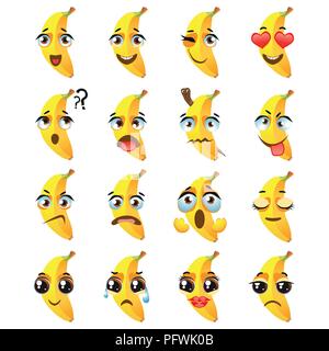 Banana gli Emoji Emoticon espressione. Divertente carino cibo Illustrazione Vettoriale