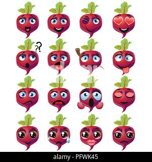 La barbabietola rossa gli Emoji Emoticon espressione. Divertente carino cibo Illustrazione Vettoriale