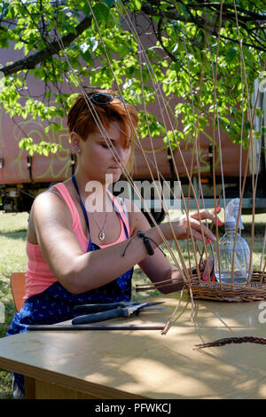 Giovani femmine utilizzando pettini per fare cestini di vimini a mano Zala county Ungheria Foto Stock