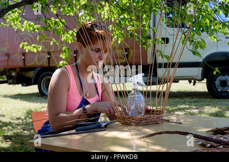 Giovani femmine utilizzando pettini per fare cestini di vimini a mano Zala county Ungheria Foto Stock
