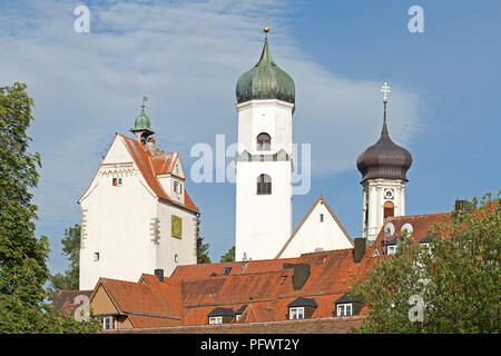 Wassertor (acqua) di gate, Nicolai e la chiesa di San Giorgio e Chiesa di Giacobbe, Isny, Allgaeu, Baden-Wuerttemberg, Germania Foto Stock