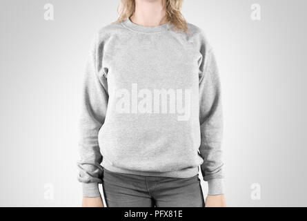 Felpa vuoto mock up isolato. Femmina normale usura hoodie mockup. Felpa con cappuccio semplice design presentazione. Cancellare allentato modello globale. Pullover per la stampa. Abbigliamento uomo felpa modello indossa un maglione Foto Stock