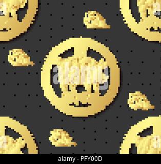 Seamless sfondo astratto con maiale, simbolo del 2019. Formulazione cinese traduzione-Felice Anno Nuovo; maiale. Anno nuovo design. Vettore. Golden su nero Illustrazione Vettoriale