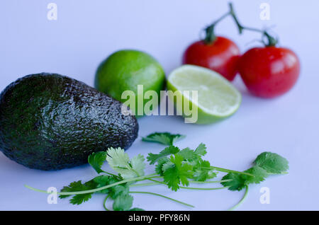 Avocado, lime tagliato a metà, pomodori sulla vite e coriandolo/koriander collocato in un gruppo su sfondo bianco Foto Stock