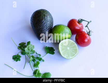 Avocado, lime tagliato a metà, pomodori sulla vite e coriandolo/koriander collocato in un gruppo su sfondo bianco Foto Stock