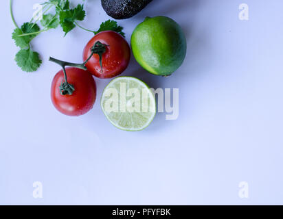 Avocado, lime tagliato a metà, pomodori sulla vite e coriandolo/koriander collocato in un gruppo su sfondo bianco Foto Stock