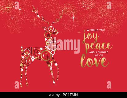 Merry Christmas greeting card illustrazione. Oro xmas renne fatta di eleganti icone dorate con gioia, pace e amore del testo in colore rosso backgr vacanze Illustrazione Vettoriale