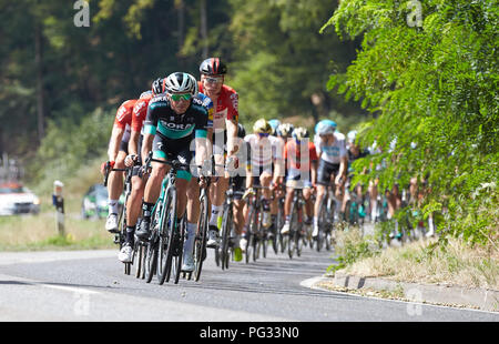 Koblenz, Germania. 23 Ago, 2018. Escursioni in bicicletta, UCI serie europea, Germania Tour, Koblenz - Bonn (157, 00 km), Fase 1. Il campo principale viene eseguito attraverso il Gelbachtal. Credito: Thomas Frey/dpa/Alamy Live News Foto Stock