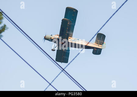 Budapest, Hungary-August 22, 2018: Double-winged vintage un aereo 2 con la registrazione HA-possono sorvolare Obuda spruzzatura di zanzare. Credito: Zoltan Fulop/Alamy Live News Foto Stock