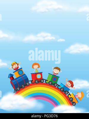 Bambini treno di equitazione su rainbow illustrazione Illustrazione Vettoriale