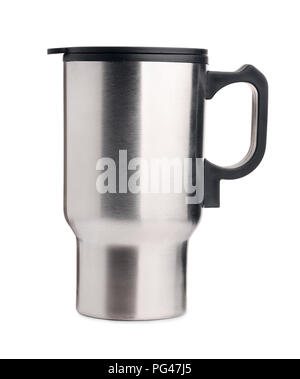 Vista laterale di acciaio inossidabile travel thermos mug isolato su bianco Foto Stock