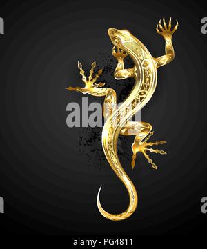 Gioielliere, oro, modellato lizard su sfondo nero. Illustrazione Vettoriale