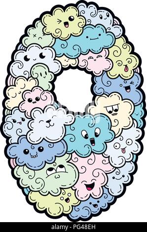 Numero Zero. Disegnata a mano doodled kids numeri. Carino monstred numeri, simboli matematici. Illustrazione Vettoriale per il web, design, decorazione, istruzione, stampe, Illustrazione Vettoriale