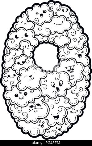 Numero Zero. Disegnata a mano doodled kids numeri. Carino monstred numeri, simboli matematici. Illustrazione Vettoriale per il web, design, decorazione, istruzione, stampe, Illustrazione Vettoriale