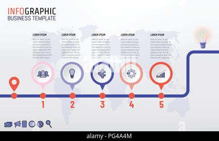 Timeline infographics progettazione del modello con 5 passi iniziano a punto finale, flusso di lavoro o diagramma di processo, del diagramma di flusso, illustrazione vettoriale Illustrazione Vettoriale