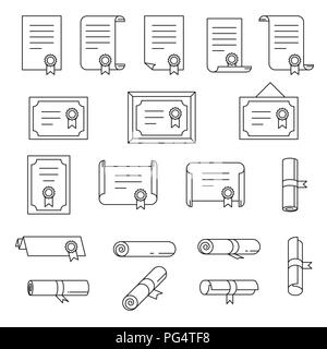 Impostare il certificato di linea sottile icone. Semplici collezioni scrolls, carte, diploma. Illustrazione Vettoriale