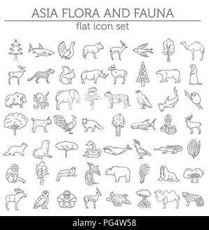 Appartamento Asian elementi di flora e fauna. Animali, uccelli e Sea life linea semplice icona set. Illustrazione Vettoriale Illustrazione Vettoriale