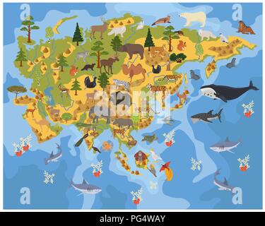 Appartamento Asian flora e fauna mappa elementi costruttore. Animali, uccelli e Sea life isolato su bianco grande set. Costruire la propria geografia infographics coll Illustrazione Vettoriale