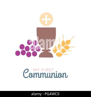 La prima comunione dei simboli per una bella gara di design. Chiesa e comunità cristiana profilo piatto icone. Illustrazione Vettoriale