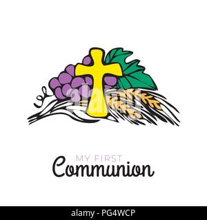 La prima comunione dei simboli per una bella gara di design. Chiesa e comunità cristiana illustrazione piatta Illustrazione Vettoriale