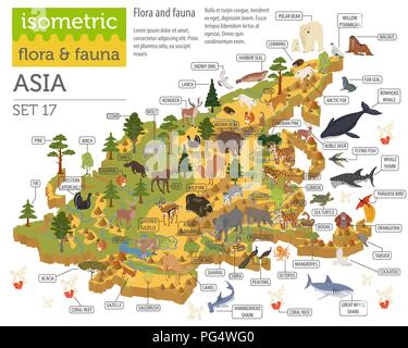 Isometrica, 3d Asian flora e fauna mappa elementi costruttore. Animali, uccelli e Sea life isolato su bianco grande set. Costruire la propria geografia infograph Illustrazione Vettoriale