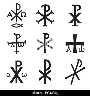 Simboli cristiani set di icone. Chi lucida Rho, Christogram, Chrismon, Labarum set di simboli. Illustrazione Vettoriale