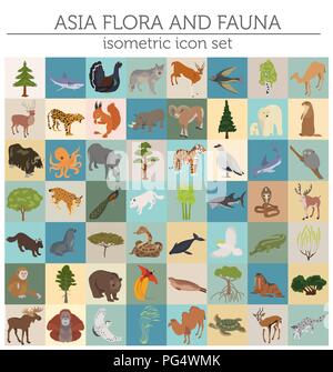 Isometrica, 3d Asian flora e fauna mappa elementi costruttore. Animali, uccelli e Sea life isolato su bianco grande set. Costruire la propria geografia infograph Illustrazione Vettoriale