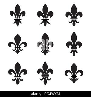 Set di emblemi Fleur de Lys simboli. Illustrazione Vettoriale