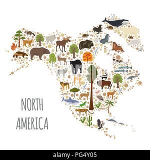 Nord America flora e fauna mappa, elementi piani. Animali, uccelli e Sea life grandi set. Costruisci il tuo geografia infographics collection. Illustrati del vettore Illustrazione Vettoriale