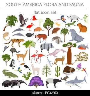 Sud America la flora e la fauna di elementi piani. Animali, uccelli e Sea life grandi set. Costruisci il tuo geografia infographics collection. Illustrazione Vettoriale Illustrazione Vettoriale