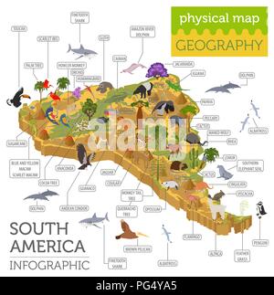 Isometrica, 3d America del sud della flora e della fauna di elementi della mappa. Animali, uccelli e SEA LIFE. Costruire la propria geografia infographics collection. Illustr vettore Illustrazione Vettoriale