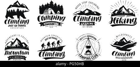 Camping, arrampicata logo o etichetta. Escursione escursione, set di icone. Vettore di caratteri Illustrazione Vettoriale