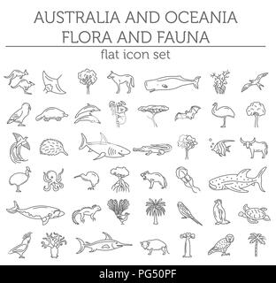 Appartamento in Australia e Oceania elementi di flora e fauna. Animali, uccelli e Sea life linea semplice icona set. Illustrazione Vettoriale Illustrazione Vettoriale