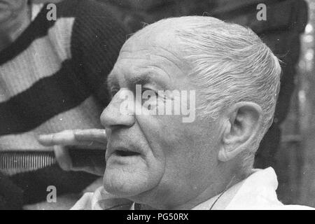 Il scrittore ceco Bohumil Hrabal ottiene il suo taglio di capelli nel giardino della sua casa estiva di Kersko vicino a Praga. Foto Stock