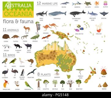 Australia e Oceania flora e fauna mappa, elementi piani. Animali, uccelli e Sea life grandi set. Costruisci il tuo geografia infographics collection. Il vettore Illustrazione Vettoriale