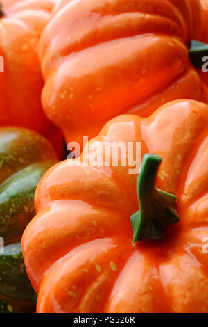 Gruppo di arancione e verde zucche, closeup shot, sfondo stagionali Foto Stock