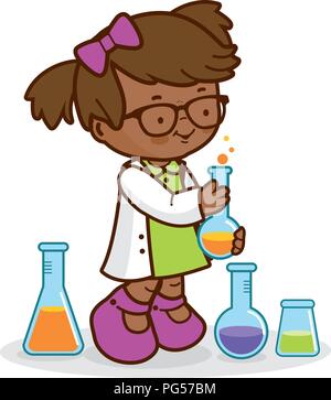 Studentessa che usa provette per test di chimica e fa esperimenti scientifici a scuola. Bambino scienziato a scuola in classe di chimica. Illustrazione vettoriale Illustrazione Vettoriale