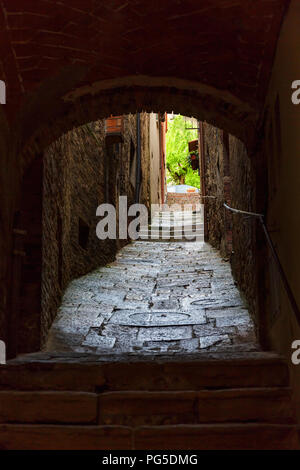 La scala in una buia valle cancello su una strada posteriore Foto Stock