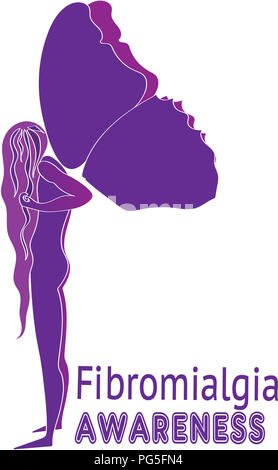 La fibromialgia consapevolezza. Viola silhouette di donna con pesanti viola le ali delle farfalle, simbolo della fibromialgia, dolore cronico, sindrome da affaticamento cronico un Foto Stock