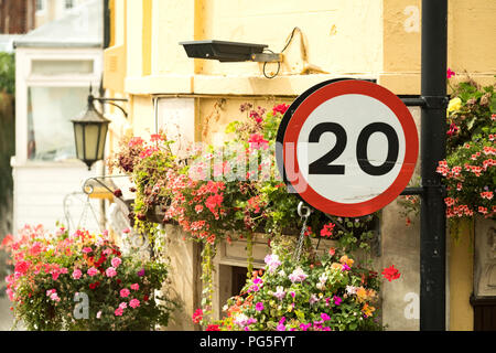 A 20mph British road segno attaccato ad un lampione su una strada della citta'. Il segno è accanto a una proprietà residenziale decorata con cestelli appesi Foto Stock