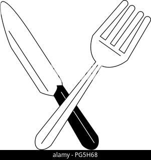 Coltello e forchetta attraversata in bianco e nero Illustrazione Vettoriale