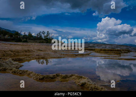 Nuovo Highland terrazza, Mammoth Hot Springs, il Parco Nazionale di Yellowstone, Wyoming con il cloud reflecten in acqua e in una splendida giornata di sole negli Stati Uniti. Foto Stock