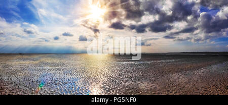 Gli escursionisti sono attraversando il mare di Wadden il frisone isola Baltrum a bassa marea Foto Stock