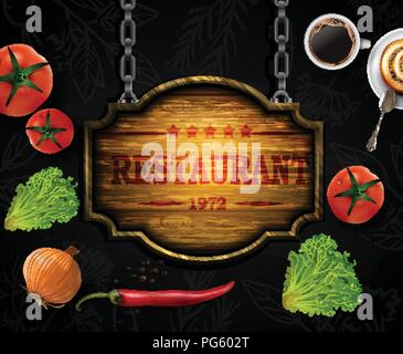 Vettore realistico di verdure con il concetto logo per Organico negozio su sfondo nero Illustrazione Vettoriale