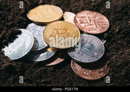 Vista ravvicinata di vari bitcoins sul terreno Foto Stock