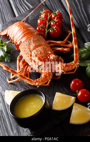 Lussuoso bollito di aragosta circondato da pomodori freschi, limone, erbe aromatiche e burro fuso close-up su una pietra nera verticale. Foto Stock