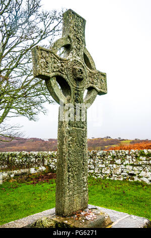 Una croce celtica, eventualmente Viking, nel cimitero della Chiesa Kidalton, Islay, con un albero in background Foto Stock