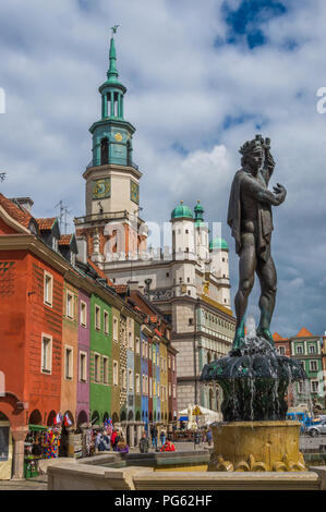 Il municipio, vecchi edifici e una fontana di acqua e la statua nel rinascimento città vecchia di Poznan (Poznan), Polonia Foto Stock