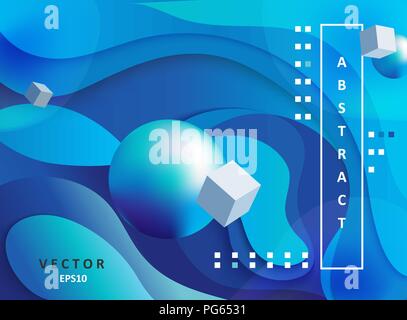 Geometrica astratta gradiente dello sfondo con forme ondulate, cubi e sfere. Colorato e sfondo digitale per la pubblicità e la commercializzazione in dinamica, forme di fluido. Illustrazione Vettoriale. Illustrazione Vettoriale